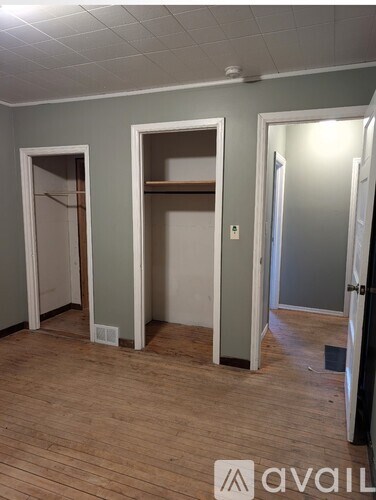 Three open doors in a room with wooden floors.