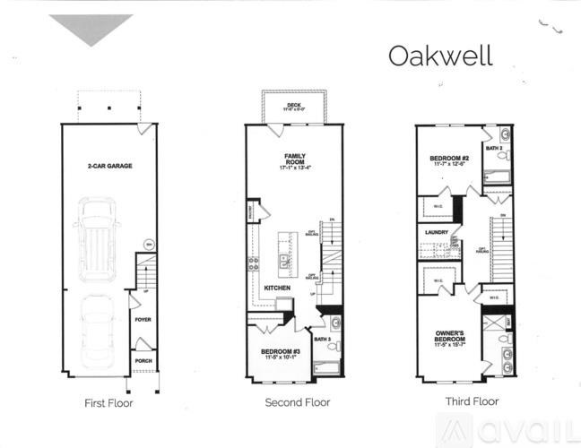 A diagram of the Oakwell apartment layout showing the first, second, and third floors.