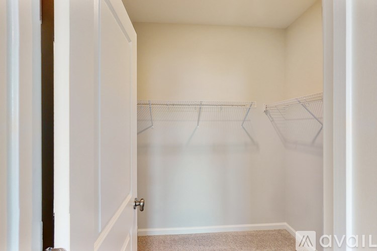 A white closet with a carpeted floor and a white door.