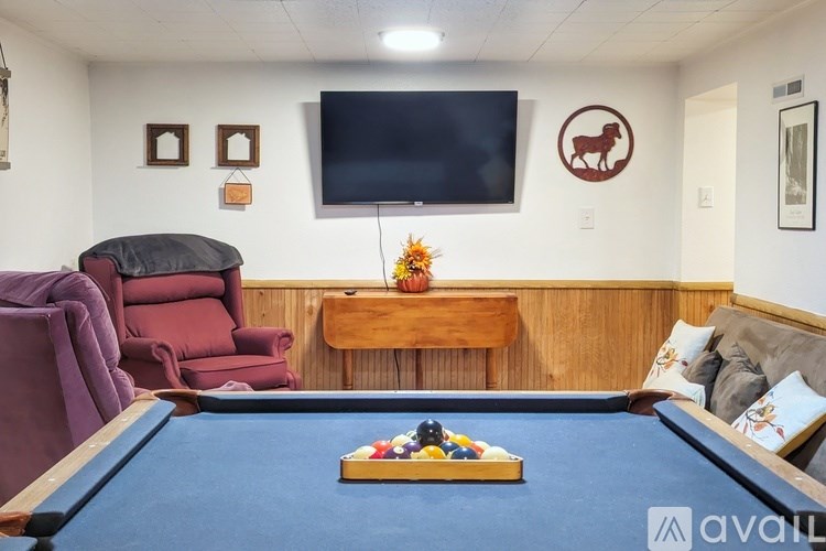 A pool table in a room with a TV, a couch, and a wall with pictures and a logo.