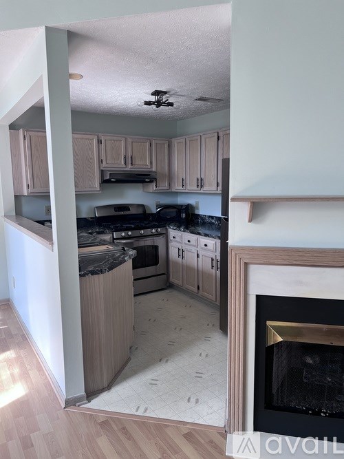 A kitchen with a fireplace and a stove top oven.