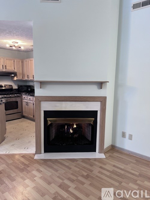 A modern fireplace in a well-lit room.