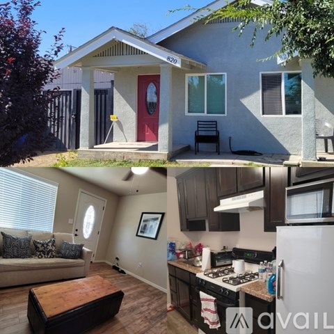 A house with a red door and a kitchen with a stove and a refrigerator.