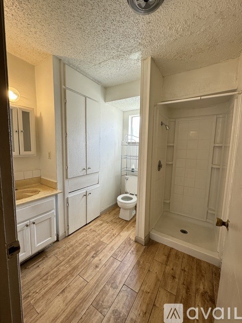 A bathroom with a toilet, sink, and shower.