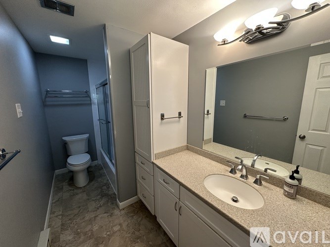 A bathroom with a toilet, sink, and mirror.
