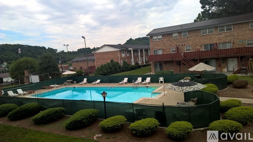 A pool surrounded by green bushes and a building in the background.