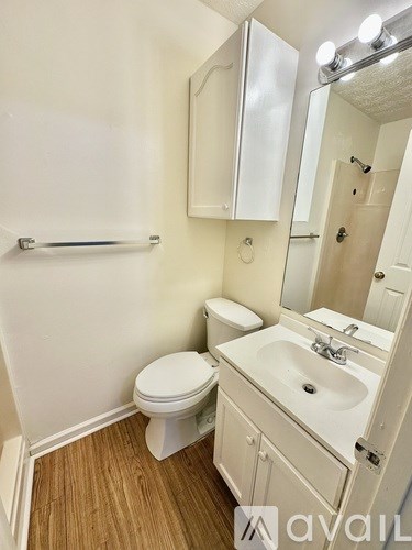 A white bathroom with wood flooring and a white toilet.
