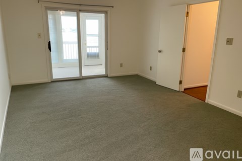 A room with a carpeted floor and a sliding glass door.