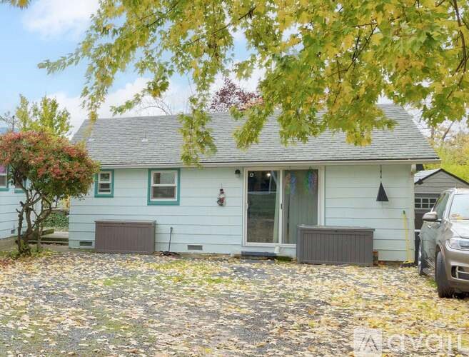 A house with a grey roof and a white exterior is surrounded by fallen leaves.