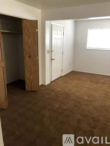 A room with a brown carpet and a white door.