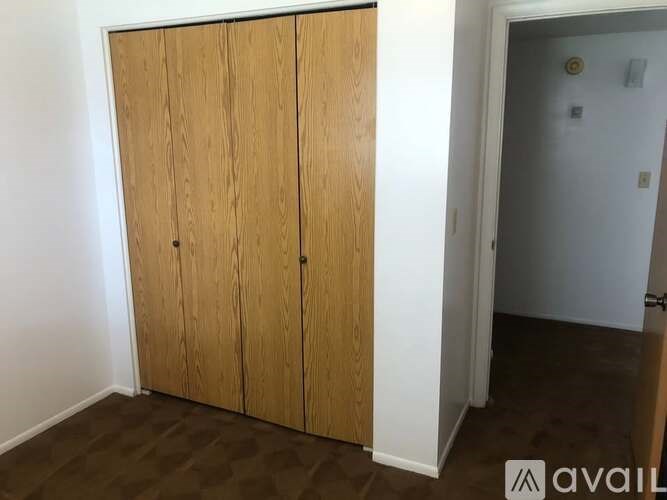 A room with a white door and a brown wardrobe.