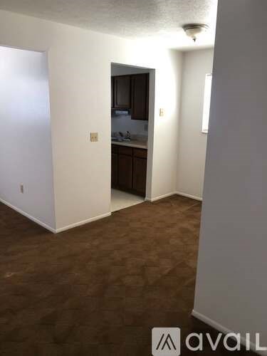 A room with a carpeted floor and a kitchen area in the background.