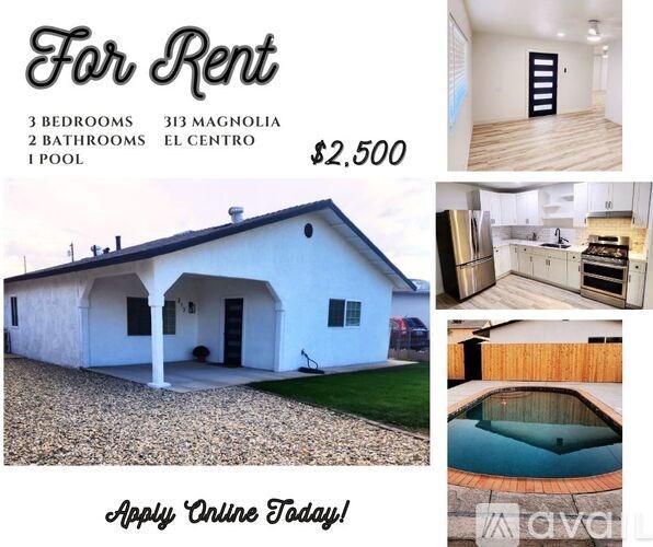 A house for rent with a pool and a kitchen.