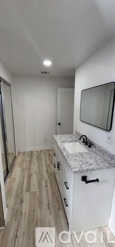 A bathroom with a sink, mirror, and wooden floors.