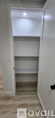 A white closet with a door open and shelves inside.