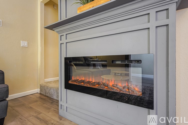 A modern fireplace with a glass door is lit with a fire burning inside.