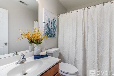 A white bathroom with a white sink, toilet, and shower curtain.