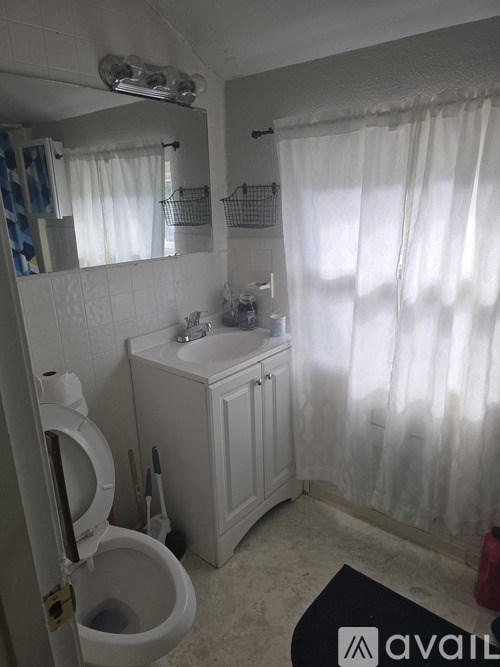 A bathroom with a toilet, sink, and shower curtain.