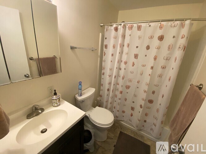 A bathroom with a toilet, sink, and shower curtain.