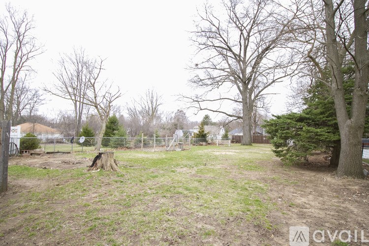 A grassy area with trees and a fence in the background.