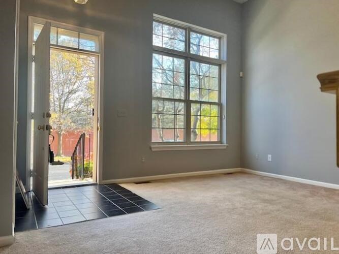 A room with a carpeted floor and a large window with a view of trees and a fence outside.