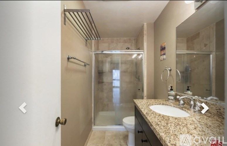 A bathroom with a marble countertop and a walk-in shower.