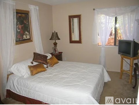 A bedroom with a bed, a television, and a window with curtains.