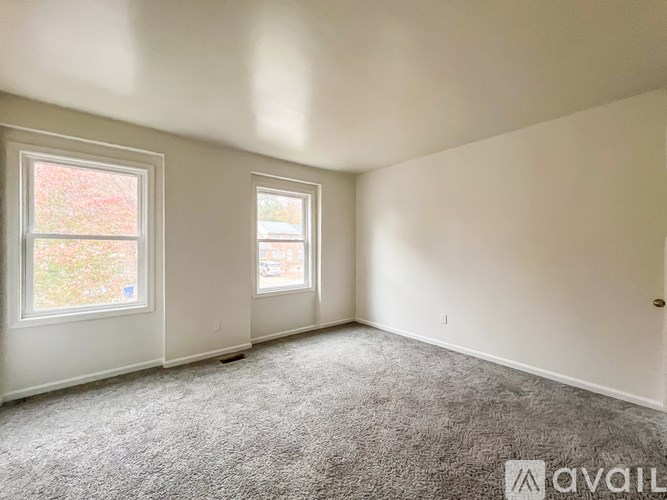 A room with two windows and a carpeted floor.