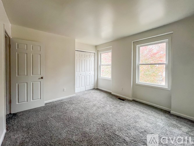 A spacious room with a carpeted floor, a door, and a window with a view of trees outside.
