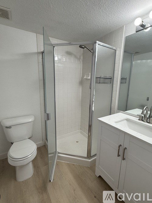 A white toilet is next to a walk-in shower in a bathroom.