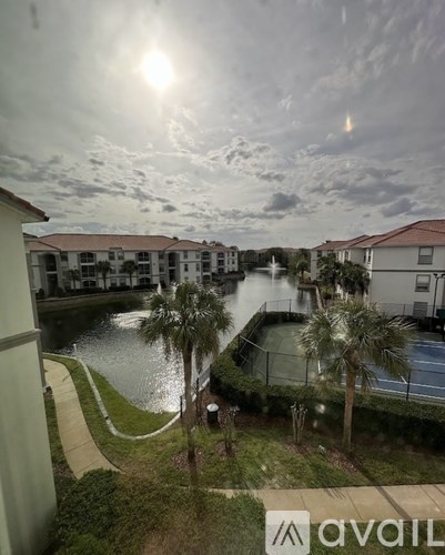 A sunny day in a residential area with a canal and palm trees.