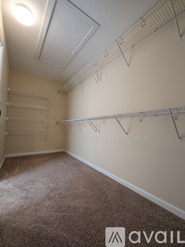 A room with a carpeted floor and a wall-mounted shelving unit.