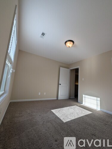 A room with a carpeted floor and a ceiling light.