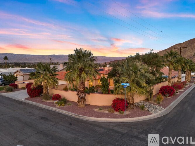 A street view of a residential area with palm trees and houses.