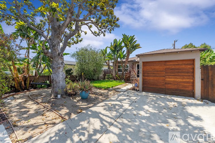 A tree with yellow flowers is in the front yard of a house with a brown garage door.