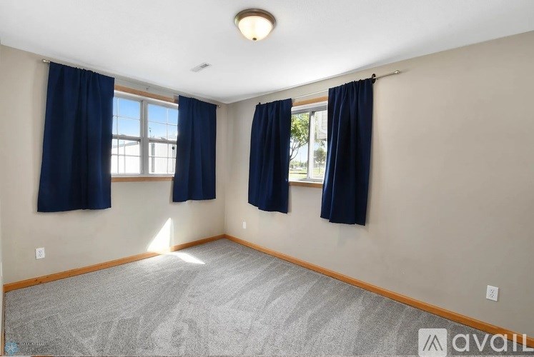 A room with a carpeted floor, two windows with blue curtains, and a ceiling light fixture.