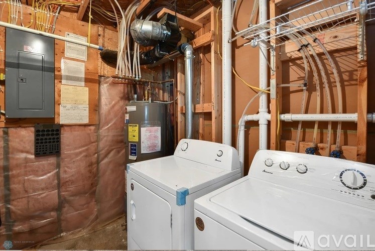 A wall of pipes and a washer and dryer in a basement.