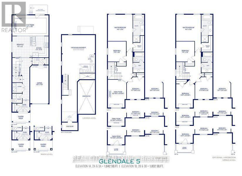 A set of four floor plans for a building with the title "GLENDALE 5" and elevation details.
