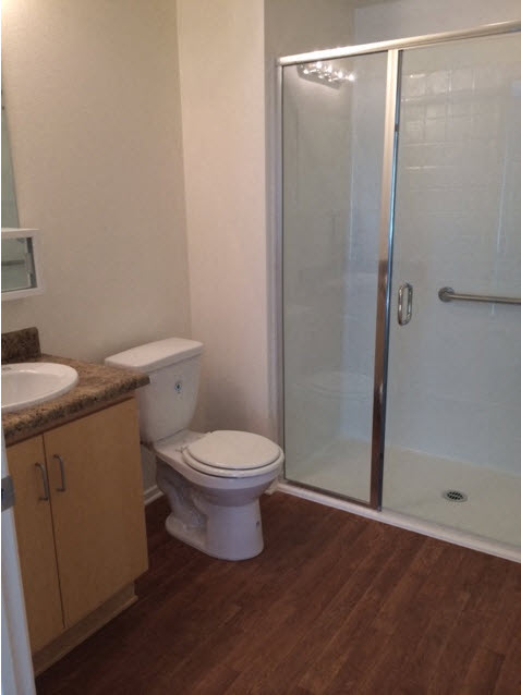 a bathroom with a toilet and a shower