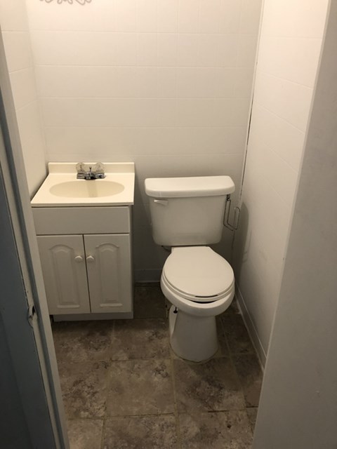 A white toilet and sink in a small bathroom.