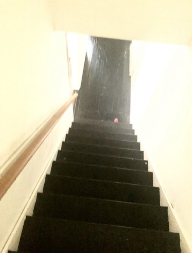 A long flight of black stairs leading to a dark area.