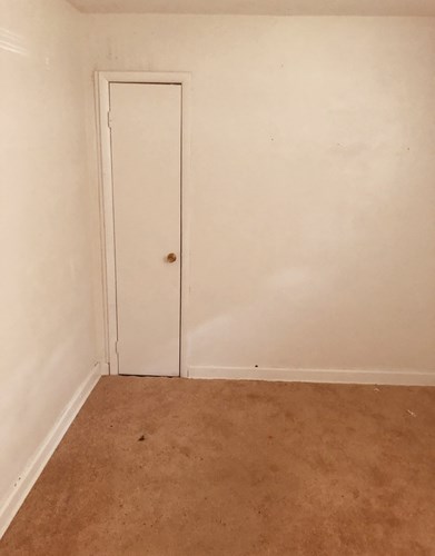 A white door in a room with a brown carpet.