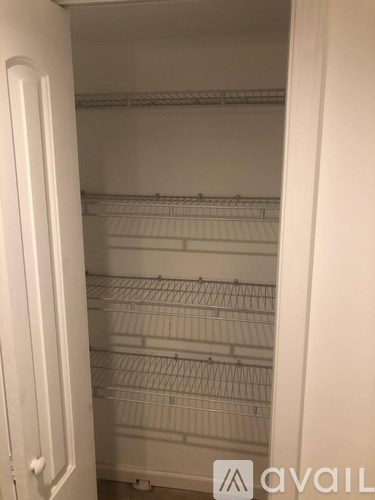 Empty white shelves in a pantry.