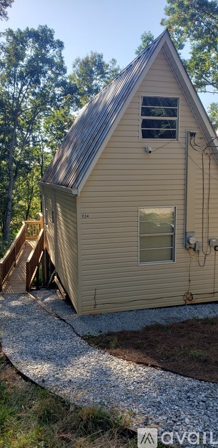 A small house with a metal roof and a window is surrounded by trees.