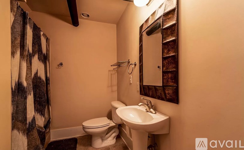 A bathroom with a toilet, sink, and shower curtain.
