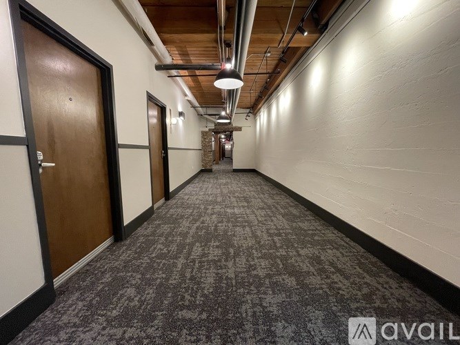 A long hallway with doors on the left and a carpeted floor.