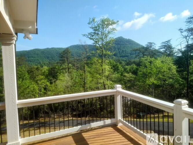 A balcony with a white railing overlooks a wooded area.