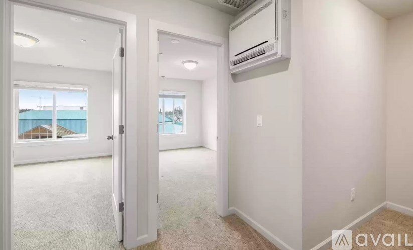 A room with a carpeted floor, a door, and a window.