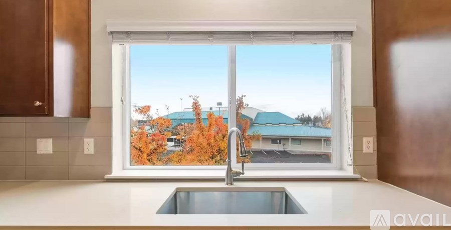 A kitchen with a window overlooking a street with autumn trees.