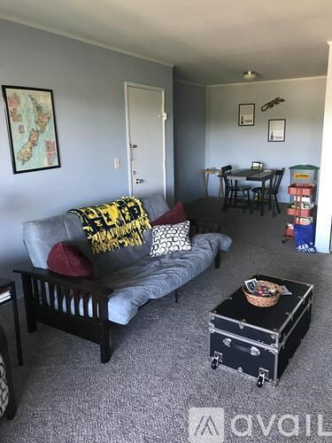 A living room with a grey couch and a black coffee table.